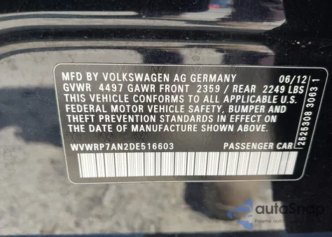 2013 Volkswagen Cc 2.0T Lux from USA, damaged, VIN WVWRP7AN2DE516603